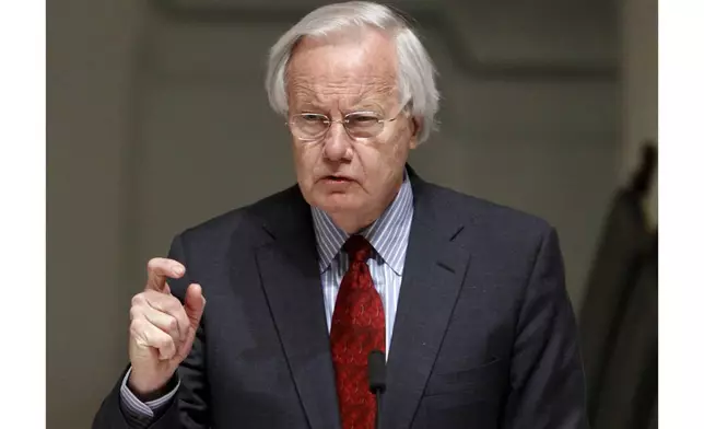 FILE - Bill Moyers speaks during the wake for R. Sargent Shriver in Washington on Jan. 21, 2011. (AP Photo/Alex Brandon, File)