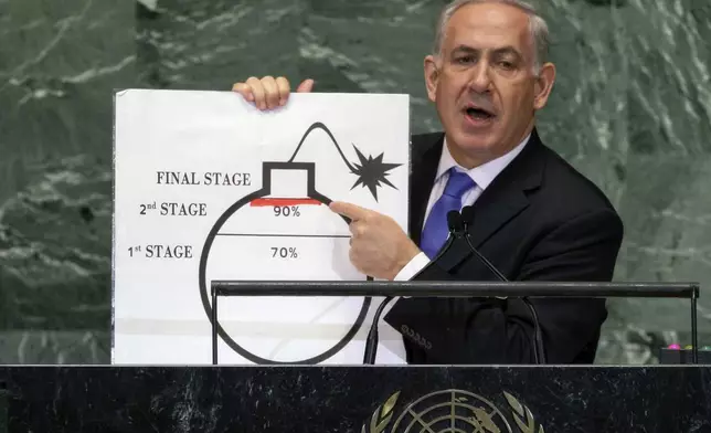 FILE - Israel's Prime Minister Benjamin Netanyahu shows an illustration as he describes his concerns over Iran's nuclear ambitions during his address to the 67th session of the United Nations General Assembly at U.N. headquarters, Sept. 27, 2012. (AP Photo/Richard Drew, File)