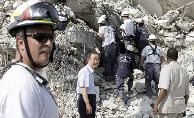 FILE - U.N. Secretary-General Ban Ki-moon , center, visits the collapsed UN headquarters during his visit to Port-au-Prince, Jan. 17, 2010. (AP Photo/Francois Mori, File)