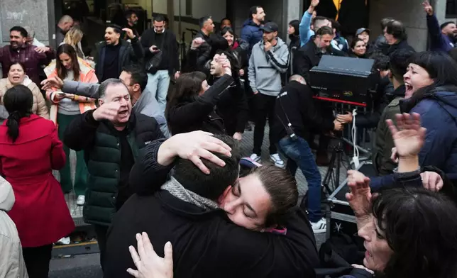 Supporters of former President Cristina Fernandez react after Argentina's Supreme Court upheld her corruption conviction, outside the Peronist Party headquarters in Buenos Aires, Argentina, Tuesday, June 10, 2025. (AP Photo/Rodrigo Abd)