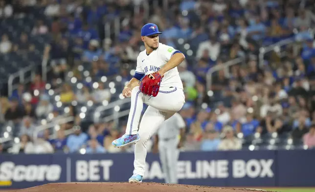 Toronto Blue Jays pitcher José Berríos works against the Chicago White Sox during the first inning of a baseball game in Toronto, Saturday June 21, 2025. (Chris Young/The Canadian Press via AP)