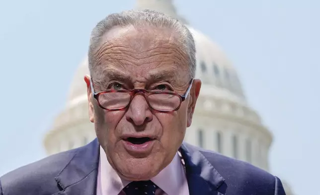 Senate Minority Leader Chuck Schumer, D-N.Y., speaks at a news conference on President Donald Trump's spending and tax bill, Thursday, June 12, 2025, outside the U.S. Capitol in Washington. (AP Photo/Julia Demaree Nikhinson)