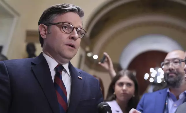 Speaker of the House Mike Johnson, R-La., reacts to reporters after Sen. Alex Padilla, D-Calif., was forcefully removed from Homeland Security Secretary Kristi Noem's news conference in Los Angeles and handcuffed by officers as he tried to speak up about immigration raids that have led to protests in California and elsewhere, at the Capitol in Washington, Thursday, June 12, 2025. (AP Photo/J. Scott Applewhite)