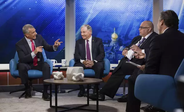 FILE - Candidates former Assemblyman Jack Ciattarelli, from left, State Senator Jon Bramnick, moderator and NJ PBS Chat Box host David Cruz and candidate former radio personality Bill Spadea, discuss the issues during the New Jersey Republican gubernatorial primary debate at NJ PBS Studios, Wednesday, May 7, 2025, in Newark, N.J. (Steve Hockstein/NJ Advance Media via AP, Pool, File)