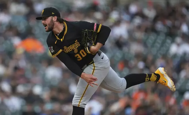 Pittsburgh Pirates pitcher Paul Skenes throws against the Detroit Tigers in the sixth inning during the second baseball game of a doubleheader, Thursday, June 19, 2025, in Detroit. (AP Photo/Paul Sancya)
