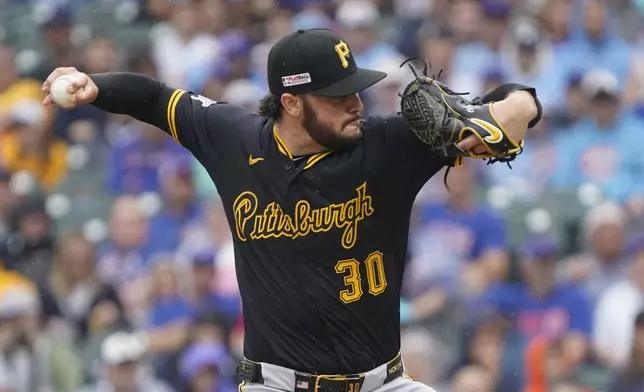 Pittsburgh Pirates pitcher Paul Skenes (30) throws during the first inning of a baseball game against the Chicago Cubs, Friday, June 13, 2025, in Chicago. (AP Photo/David Banks)