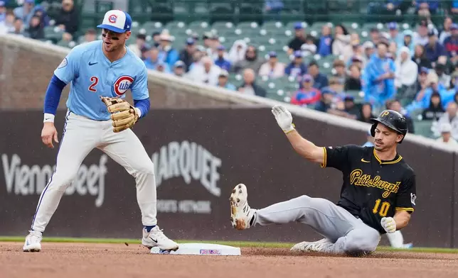 Pittsburgh Pirates Bryan Reynolds (10) slides safely into second base with a double as Chicago Cubs second base Nico Hoerner (2) waits for a throw during the first inning of a baseball game Friday, June 13, 2025, in Chicago. (AP Photo/David Banks)