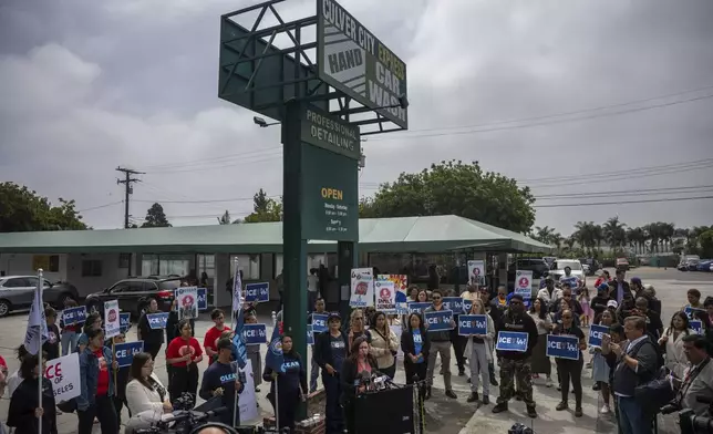 A press conference with families of detained car wash workers Wednesday, June 11, 2025, in Culver City, Calif. (AP Photo/Ethan Swope)