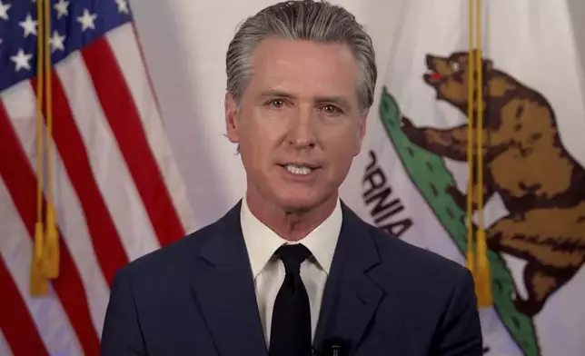 Gov. Gavin Newsom speaks during an address on Tuesday, June 10, 2025. (Office of California Governor via AP)