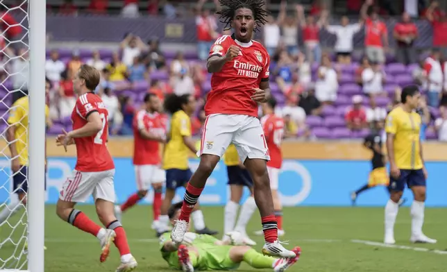Benfica's Leandro Barreiro celebrates after scoring during the Club World Cup Group C soccer match between Benfica and Auckland City in Orlando, Fla., Friday, June 20, 2025. (AP Photo/John Raoux)