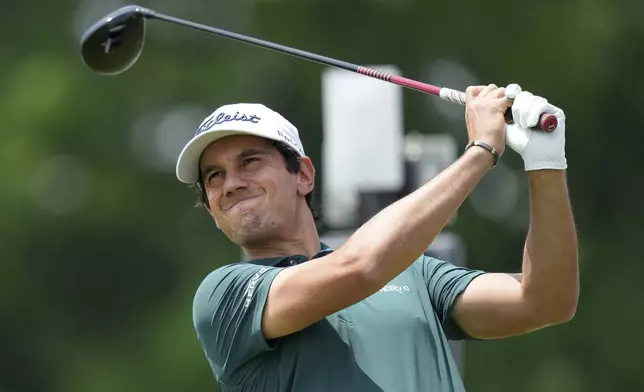 Matteo Manassero tees off on the fifth hole during the third round of the Canadian Open golf tournament in Caledon, Ontario, Saturday, June 7, 2025. (Nathan Denette/The Canadian Press via AP)