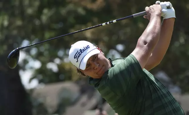 Aldrich Potgieter, of South Africa, hits from the fourth tee during the final round of the Rocket Classic golf tournament at the Detroit Golf Club, Sunday, June 29, 2025, in Detroit. (AP Photo/Paul Sancya)