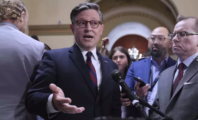 Speaker of the House Mike Johnson, R-La., reacts to reporters after Sen. Alex Padilla, D-Calif., was forcefully removed from Homeland Security Secretary Kristi Noem's news conference in Los Angeles and handcuffed by officers as he tried to speak up about immigration raids that have led to protests in California and elsewhere, at the Capitol in Washington, Thursday, June 12, 2025. (AP Photo/J. Scott Applewhite)