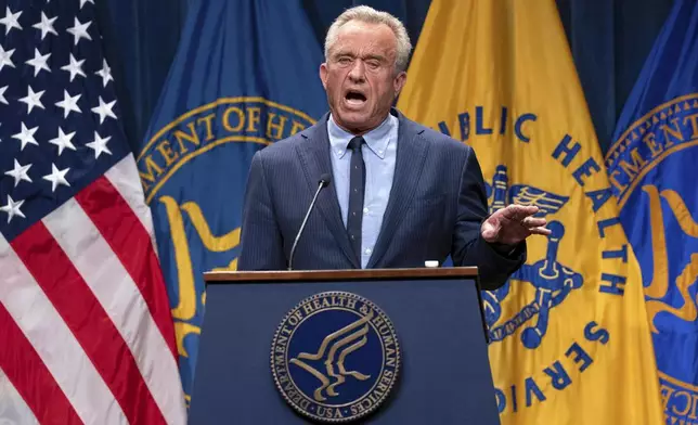 FILE - Health and Human Services Secretary Robert F. Kennedy Jr. speaks during a news conference on the Autism report by the CDC at the Hubert Humphrey Building Auditorium in Washington, April 16, 2025. (AP Photo/Jose Luis Magana, File)