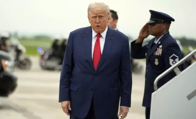 President Donald Trump arrives at Hagerstown Regional Airport, in Hagerstown, Md., on his way to Camp David, Md., Sunday, June 8, 2025. (AP Photo/Manuel Balce Ceneta)