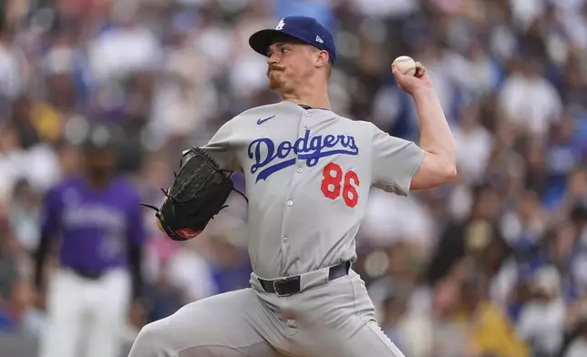 Los Angeles Dodgers starting pitcher Jack Dreyer works against the Colorado Rockies in the first inning of a baseball game Tuesday, June 24, 2025, in Denver. (AP Photo/David Zalubowski)