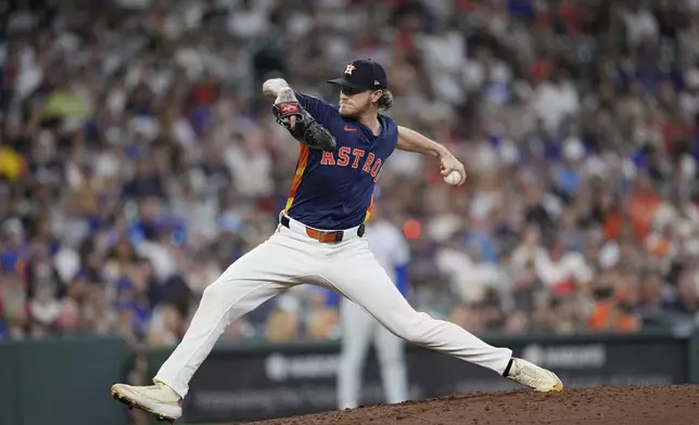 Houston Astros pitcher Josh Hader throws against the Chicago Cubs during the ninth inning of a baseball game Sunday, June 29, 2025, in Houston. (AP Photo/David J. Phillip)