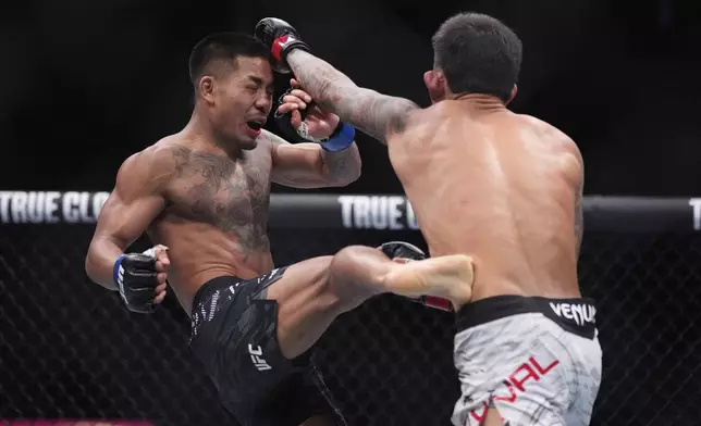 Joshua Van kicks Brandon Royval in a flyweight fight at UFC 317, Saturday, June 28, 2025, in Las Vegas. (AP Photo/John Locher)