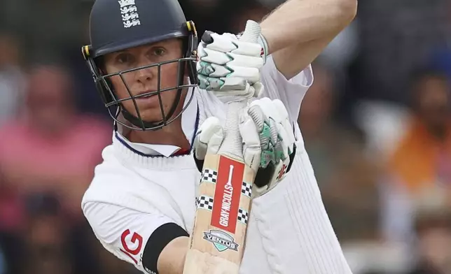 England's Zak Crawley plays a shot on day five of the first cricket test match between England and India at Headingley in Leeds, England, Tuesday, June 24, 2025. (AP Photo/Scott Heppell)