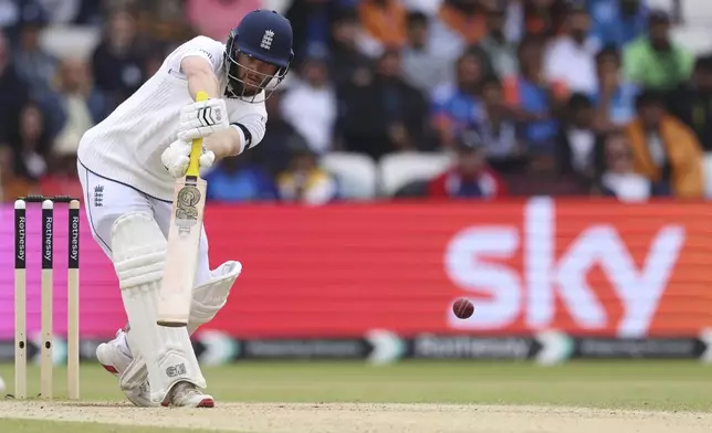 England's Ben Duckett plays a shot on day five of the first cricket test match between England and India at Headingley in Leeds, England, Tuesday, June 24, 2025. (AP Photo/Scott Heppell)