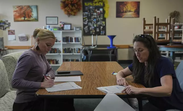 Abbie Brockman, right, goes through the results of a water quality test with colleague Karen LaMar, left, Thursday, April 10, 2025, in Leopold, Ind. (AP Photo/Joshua A. Bickel)