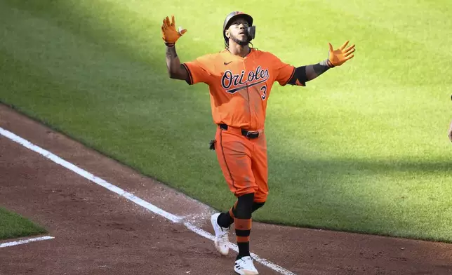 Baltimore Orioles' Jorge Mateo celebrates after his two-run home run during the fifth inning of a baseball game against the Chicago White Sox, Saturday, May 31, 2025, in Baltimore. (AP Photo/Nick Wass)