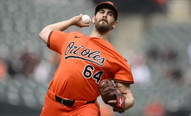 Baltimore Orioles starting pitcher Dean Kremer throws during the first inning of a baseball game against the Chicago White Sox, Saturday, May 31, 2025, in Baltimore. (AP Photo/Nick Wass)