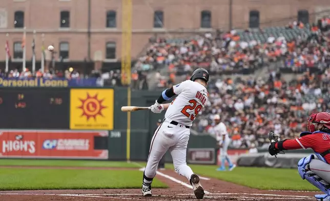 Baltimore Orioles' Ramon Urias (29) hits a two-run home run during the first inning of a baseball game against the Los Angeles Angels, Sunday, June 15, 2025, in Baltimore. (AP Photo/Stephanie Scarbrough)