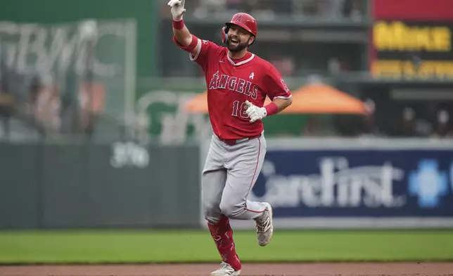 Los Angeles Angels' Nolan Schanuel rounds the bases after hitting a home run during the first inning of a baseball game against the Baltimore Orioles, Sunday, June 15, 2025, in Baltimore. (AP Photo/Stephanie Scarbrough)