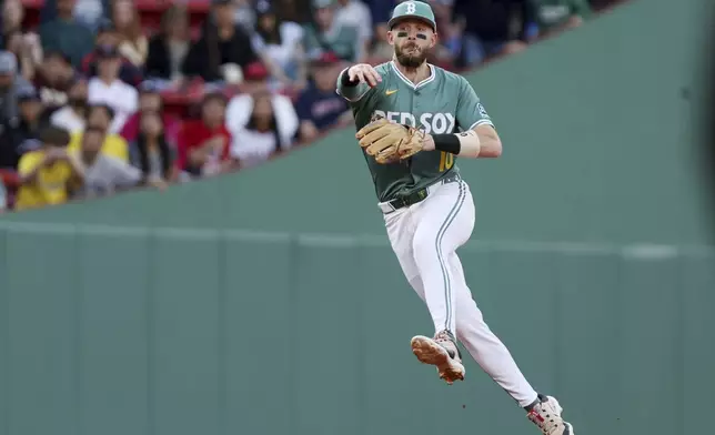 Boston Red Sox shortstop Trevor Story throws out New York Yankees' Ben Rice at first base in the first inning of a baseball game Friday, June 13, 2025, in Boston. (AP Photo/Jim Davis)