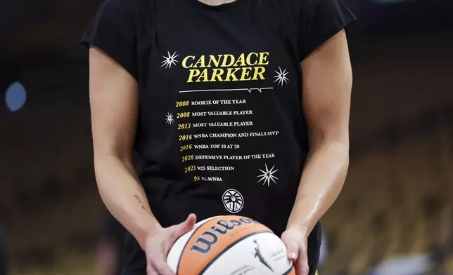A Candace Parker shirt worn by Los Angeles Sparks guard Kelsey Plum is seen before a WNBA basketball game against Chicago Sky, Sunday, June 29, 2025, in Los Angeles. (AP Photo/Jessie Alcheh)