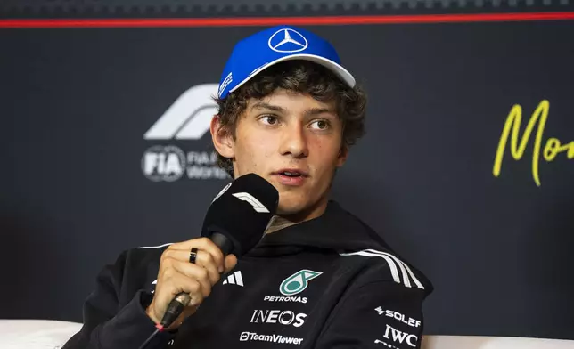 Mercedes driver Kimi Antonelli, of Italy, takes part in a press conference at the F1 Canadian Grand Prix auto race in Montreal, Thursday, June 12, 2025. (Christopher Katsarov/The Canadian Press via AP)