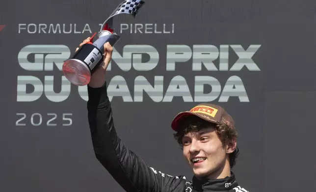 Mercedes driver Kimi Antonelli, of Italy, celebrates after his third-place finish at the F1 Canadian Grand Prix auto race in Montreal, Sunday, June 15, 2025. (Christinne Muschi/The Canadian Press via AP)