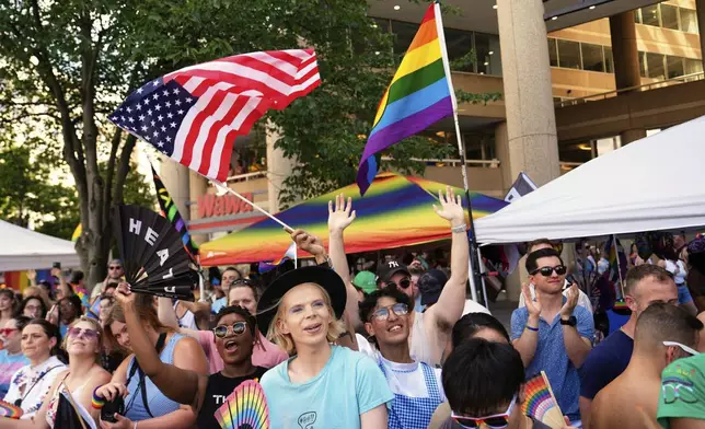 People watch the World Pride parade, Saturday, June 7, 2025, in Washington. (AP Photo/Julia Demaree Nikhinson)