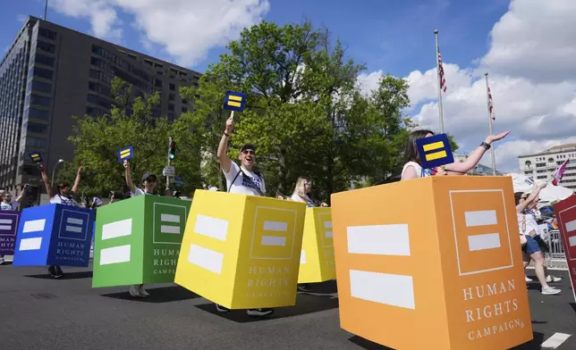 Members of the Human Rights Campaign march during the World Pride parade, Saturday, June 7, 2025, in Washington. (AP Photo/Mark Schiefelbein)