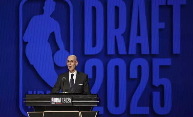 NBA commissioner Adam Silver announces the start of the first round of the NBA basketball draft, Wednesday, June 25, 2025, in New York. (AP Photo/Adam Hunger)