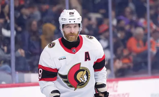 FILE - Ottawa Senators' Claude Giroux plays during an NHL hockey game Tuesday, March 11, 2025, in Philadelphia. (AP Photo/Matt Slocum)