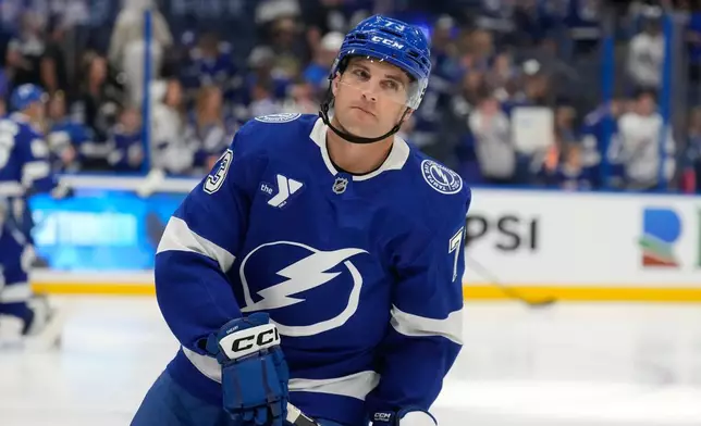 FILE - Tampa Bay Lightning left wing Conor Sheary skates before an NHL preseason hockey game, Oct. 2, 2024, in Tampa, Fla. (AP Photo/Chris O'Meara, file)