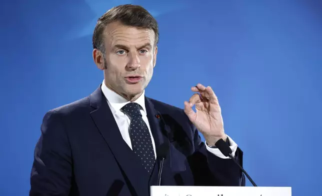 French President Emmanuel Macron addresses a media conference at an EU summit in Brussels, Friday, June 27, 2025. (AP Photo/Omar Havana)