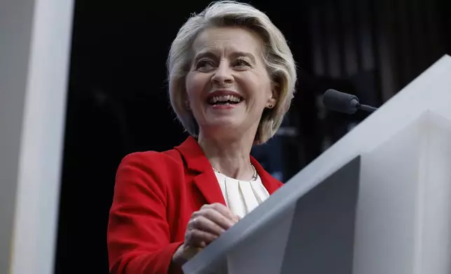 European Commission President Ursula von der Leyen addresses a media conference at an EU summit in Brussels, Thursday, June 26, 2025. (AP Photo/Omar Havana)