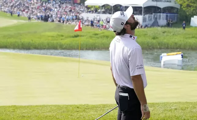 Cameron Young reacts after missing a chip on the 18th hole during the final round of the RBC Canadian Open golf tournament in Caledon, Ontario, Sunday, June 8, 2025. (Frank Gunn/The Canadian Press via AP) /The Canadian Press via AP)