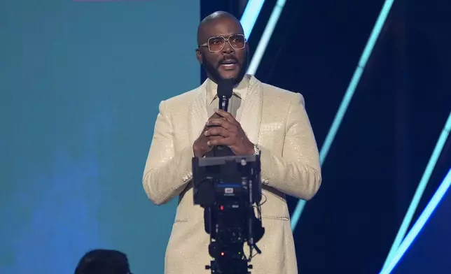 Tyler Perry speaks during the BET Awards on Monday, June 9, 2025, at the Peacock Theater in Los Angeles. (AP Photo/Chris Pizzello)
