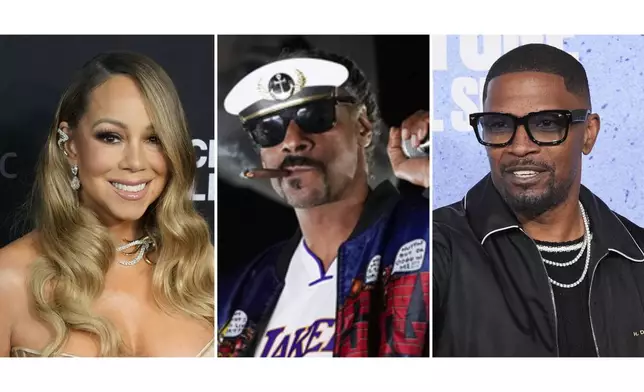 This combination of photos shows Mariah Carey at the third annual Recording Academy Honors in Los Angeles on Feb. 1, 2024. left, Snoop Dogg at an appearance in Ventura, Calif on Oct. 2, 2020, center, .and Jamie Foxx at the Los Angeles premiere of "Number One on the Call Sheet," on March 12, 2025. (AP Photo)