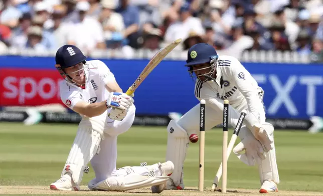 England's Harry Brook bold out by India's Akash Deep during the fourth day of the third cricket test match between England and India at Lord¥s cricket ground in London, Sunday, July 13, 2025.(AP Photo/Richard Pelham)