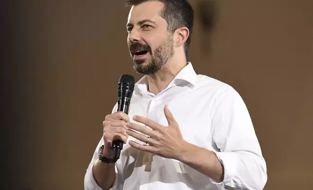 FILE - Former U.S. Secretary of Transportation Pete Buttigieg speaks during a VoteVets Town Hall, May 13, 2025, in Cedar Rapids, Iowa. (AP Photo/Cliff Jette, File)