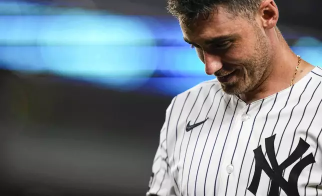 New York Yankees' Cody Bellinger reacts after lining out during the seventh inning of a baseball game against the Chicago Cubs, Friday, July 11, 2025, in New York. (AP Photo/Yuki Iwamura)