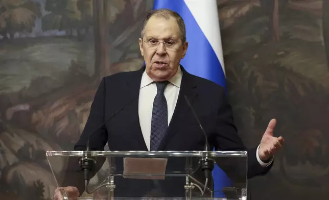 Russian Foreign Minister Sergey Lavrov attends a joint news conference with Syrian Foreign Minister Asaad Hassan al-Shibani following their meeting in Moscow, Russia, Thursday, July 31, 2025. (Shamil Zhumatov/Pool Photo via AP)