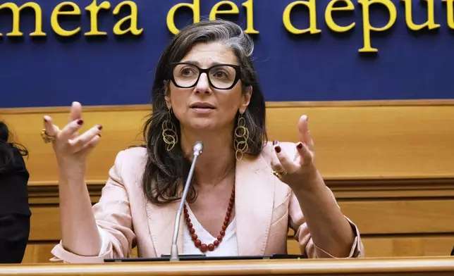 Francesca Albanese, U.N. Special Rapporteur on the Palestinian Territories, speaks to journalists in Rome, Tuesday, July 29, 2025. (AP Photo/Gregorio Borgia)