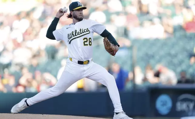 Athletics starting pitcher Mitch Spence throws to an Atlanta Braves batter during the first inning of a baseball game Wednesday, July 9, 2025, in West Sacramento, Calif. (AP Photo/Sergio Estrada)