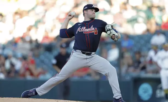 Atlanta Braves starting pitcher Bryce Elder throws to an Athletics batter during the first inning of a baseball game Wednesday, July 9, 2025, in West Sacramento, Calif. (AP Photo/Sergio Estrada)